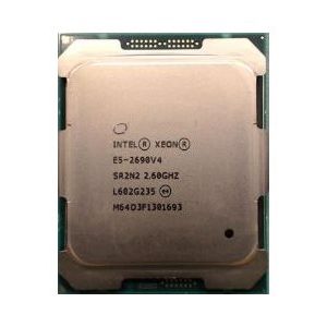 A silver Intel Xeon E5-2690 v4 processor with model and serial numbers engraved on its surface.